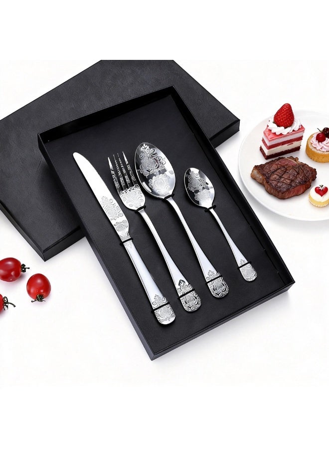 LBMT 4 PCS Silverware Set with Gift Box,Cake/Beef/Salad Cutting Set for Wedding/Party,Food Grade Stainless Steel Flatware Set with Rose Flower Embossed Design,Eating Utensils Sets Include Fork/Knife/Spoon,Stainless Steel Pie Cutter Pizza Spatula,Wedding/Birthday/Anniversary Bridal Gift,Engagement Gift for Couples (Silver) - Image 1